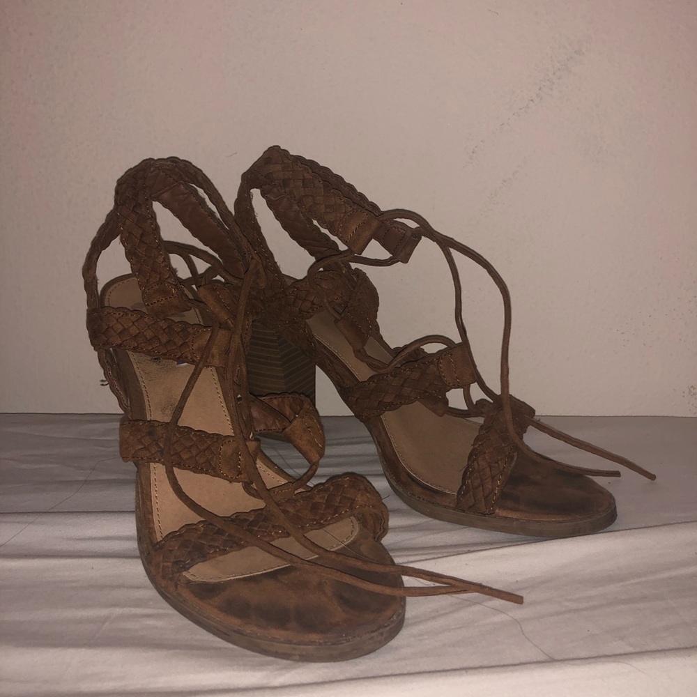 Report Heels — brown suede block heels